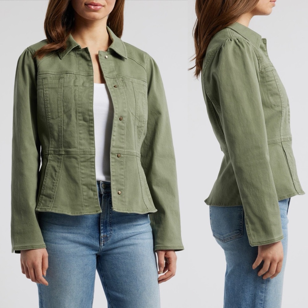 Long Sleeve Curved Peplum Hem Jacket with Hidden Snap Closure